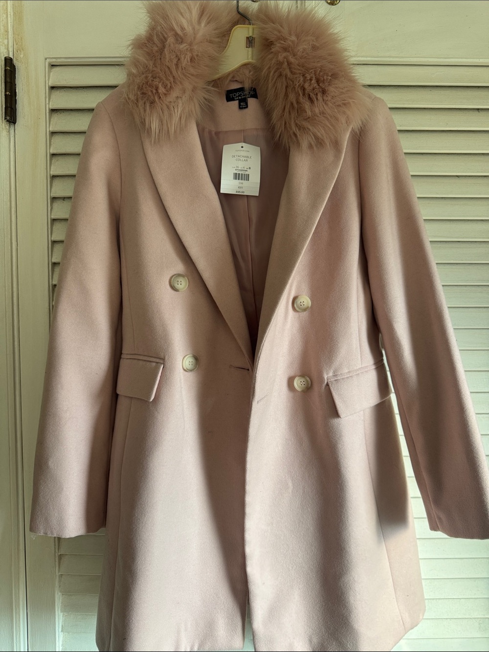 Topshop Pale Pink Double-Breasted Wool-Blend Pea Coat with Faux Fur Collar
